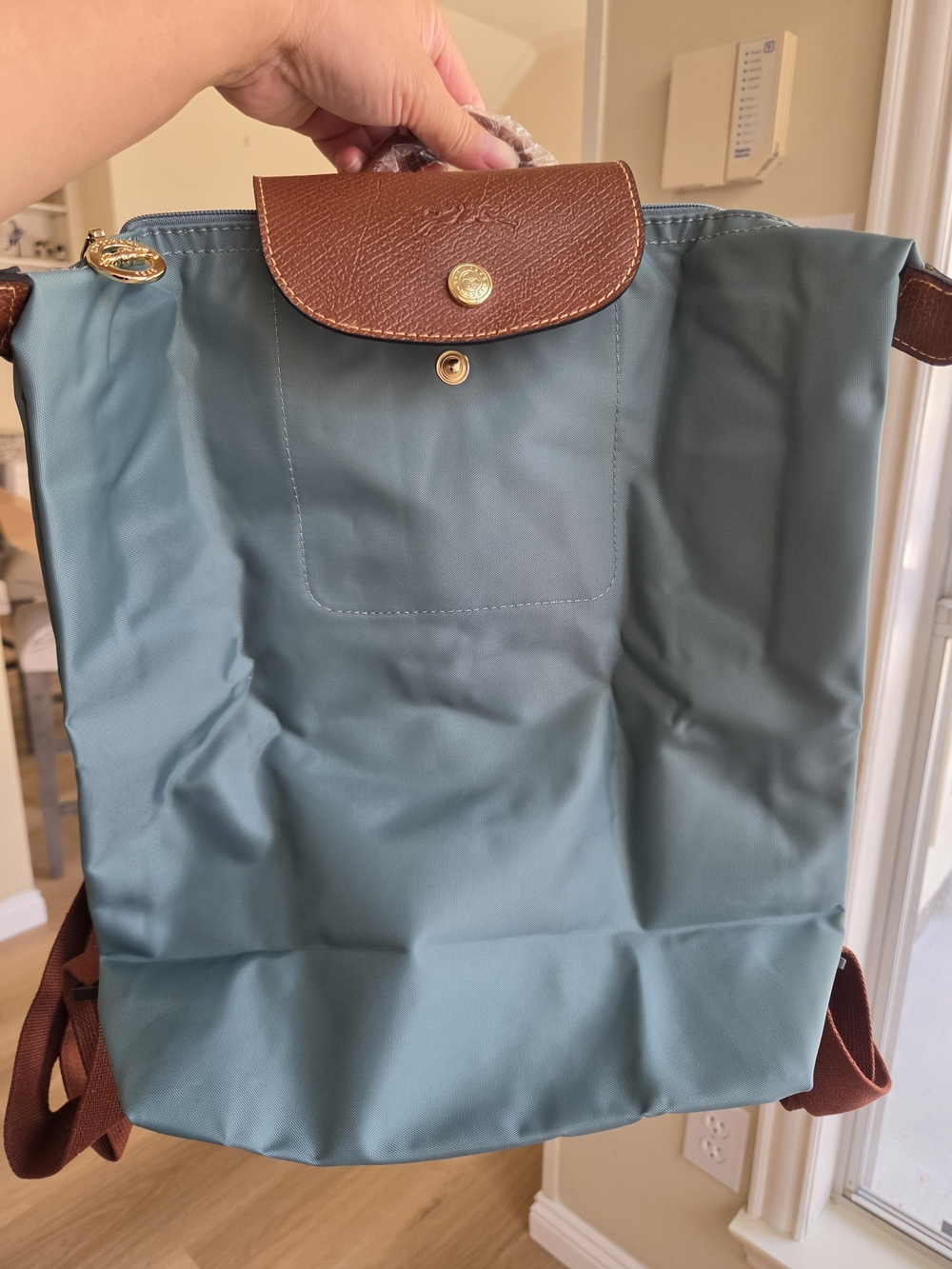 Longchamp Le Pliage Large Teal Backpack with Brown Trim
